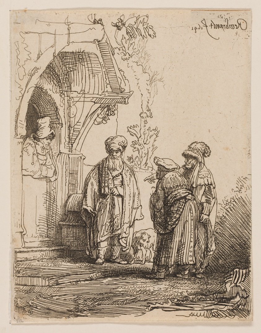 Rembrandt van Rijn, Three Oriental Figures (1641) — three figures in close conversation, the central figure attending to both